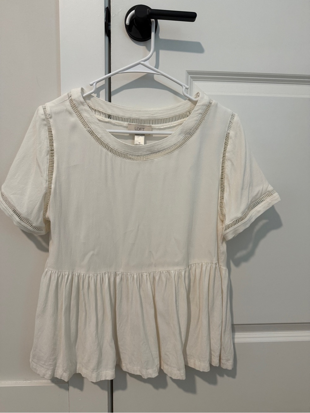 LOFT Cream Ladder-Trim Short Sleeve Blouse